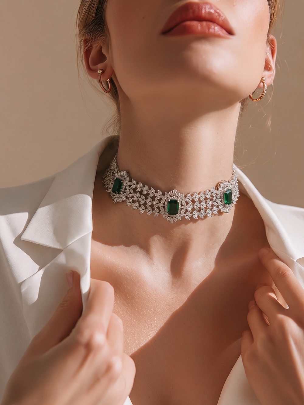 Emerald tone & Silver tone Crystal Choker Necklace set